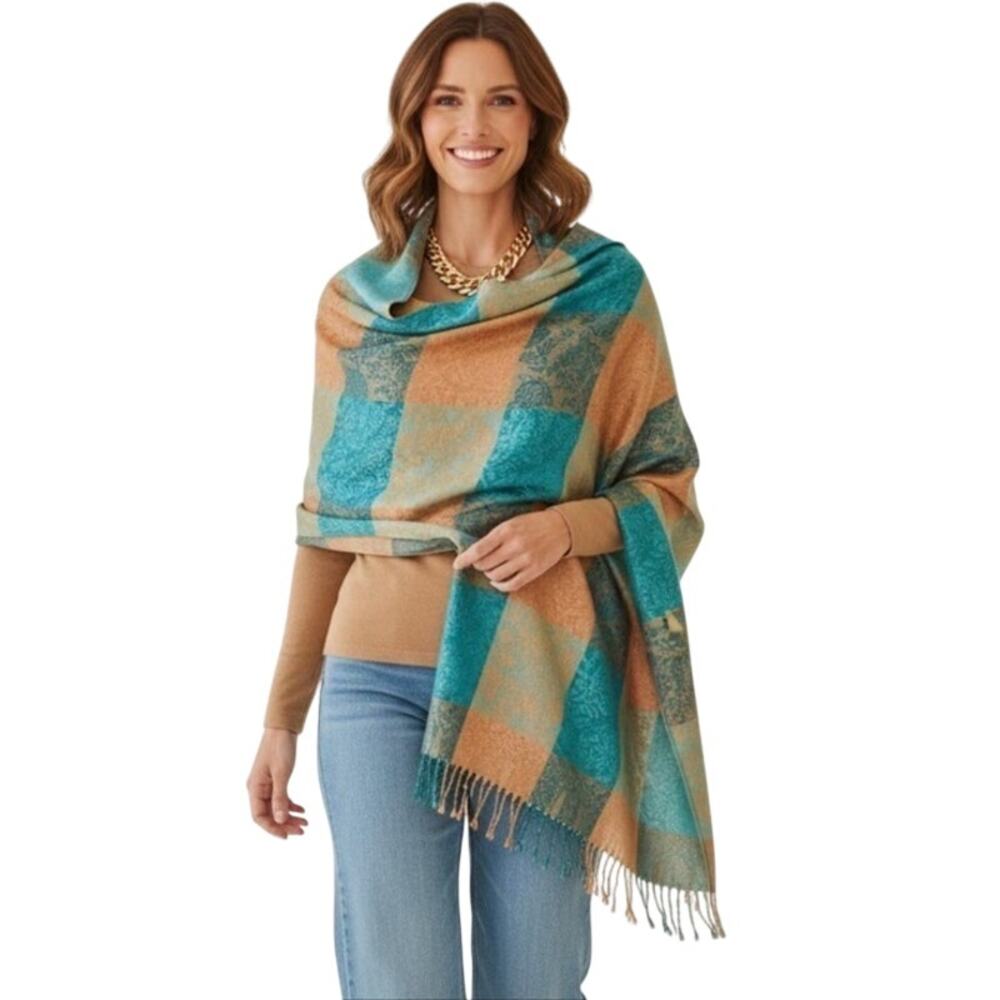 Rare Pashmina Cashmere Wrap Shawl 74x 27 Aqua Teal Peach Paisely Sophisticated